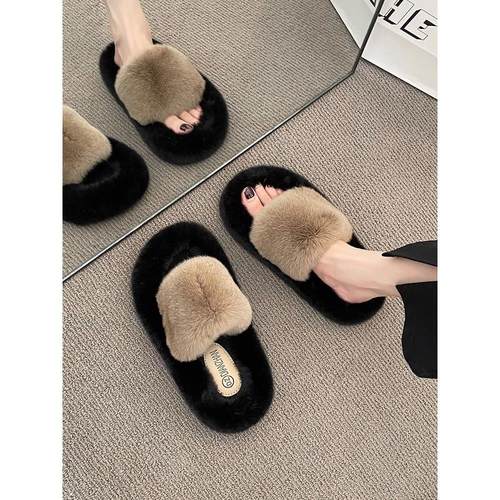 2025新款秋冬高底人字拖时尚厚底毛绒棉拖鞋