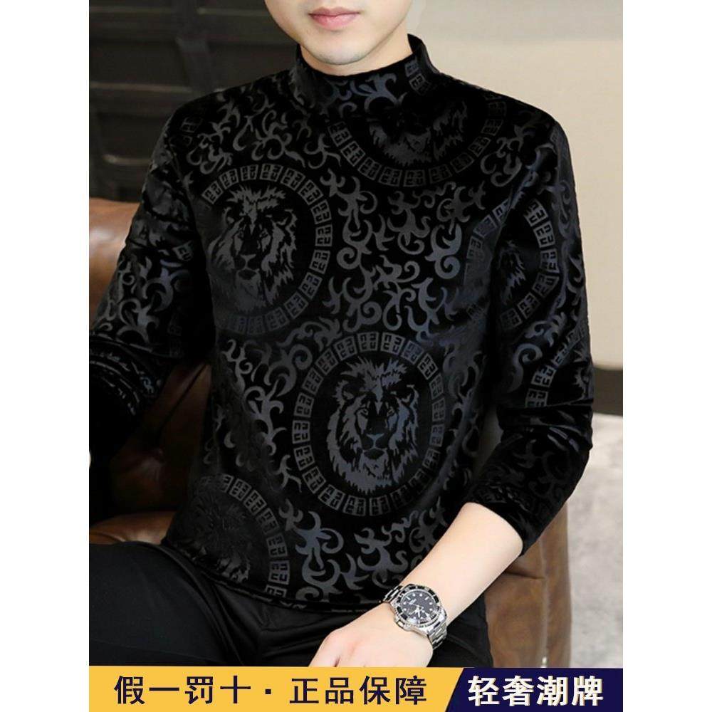 高端黑色暗花半高领金丝绒国潮t恤男士冬季加绒加厚保暖衣打底衫T