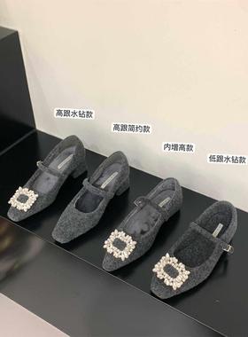 法式高跟灰色方头水钻单鞋女鞋子2025冬季加绒晚晚玛丽珍毛毛鞋潮