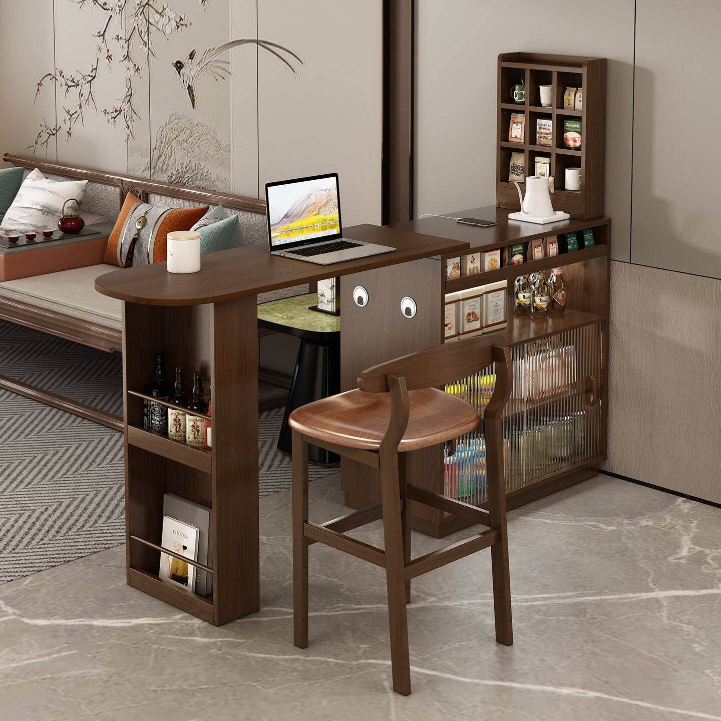 实木吧台双面家用沙发边柜可伸缩咖啡柜小户型隔断靠墙一体餐边柜