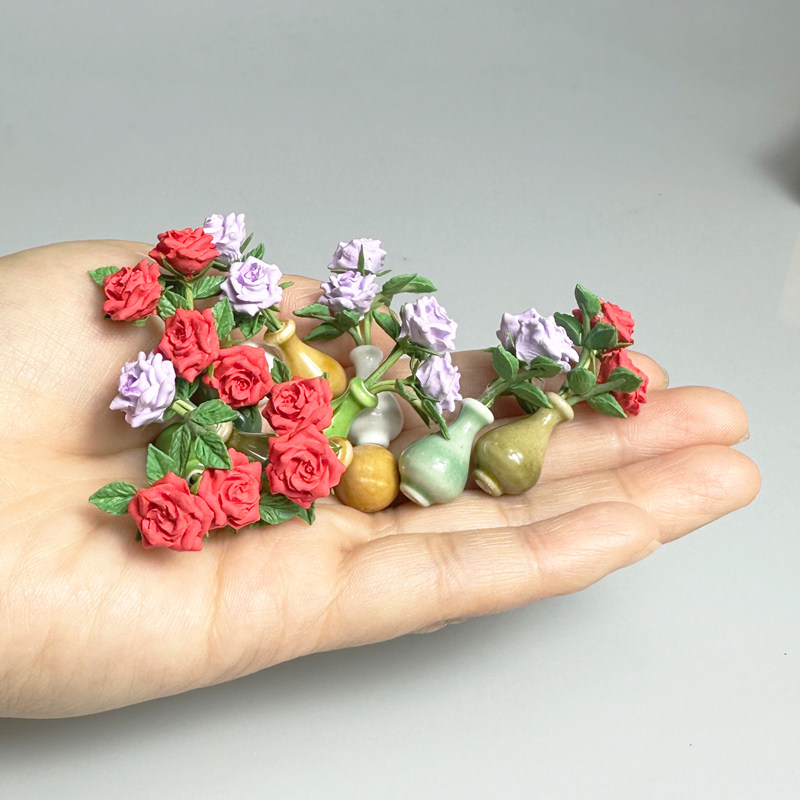 娃娃屋玫瑰花模型陶瓷小瓶粘土手工花室内场景摆件微缩袖珍小配件