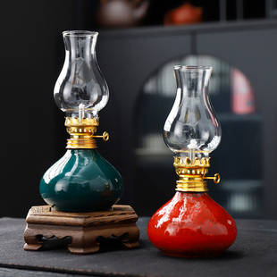 中国红水滴酥油灯防风香薰灯复古灯盏灯台底座茶室陶瓷礼佛长明灯