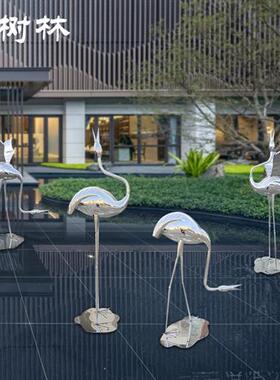 镜面不锈钢仙鹤雕塑火烈鸟落地大摆件户外售楼部园林景观小品装饰