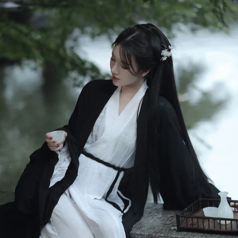原创汉服女魏晋风黑色神明少女直裾大袖衫超仙古装中国风棉麻套装_虎窝淘