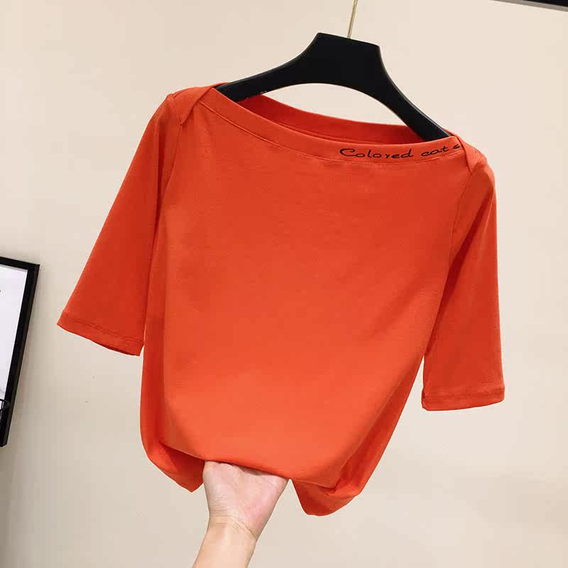 一字领中袖上衣女2019字母韩版时尚糖果色修身显瘦新款一字肩T恤|ruв категории Женская одежда, футболка - от Buy2taobao.com для оказания профессиональной услуги покупки агента Taobao