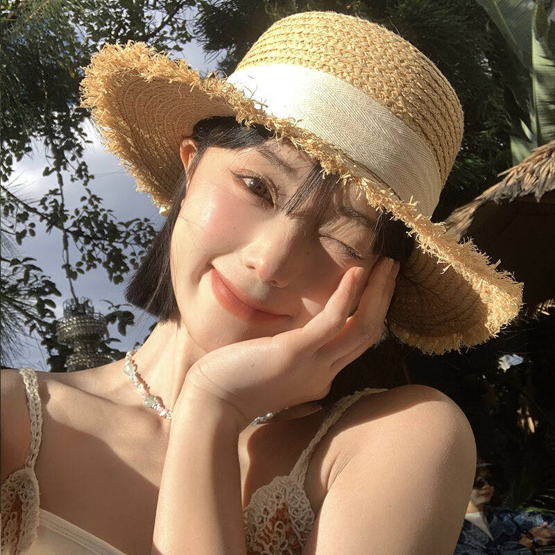 蝴蝶结系带拉菲草草帽女夏大帽檐海边沙滩度假遮阳帽防晒太阳帽子