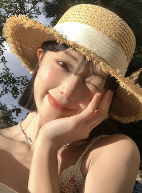 蝴蝶结系带拉菲草草帽女夏大帽檐海边沙滩度假遮阳帽防晒太阳帽子