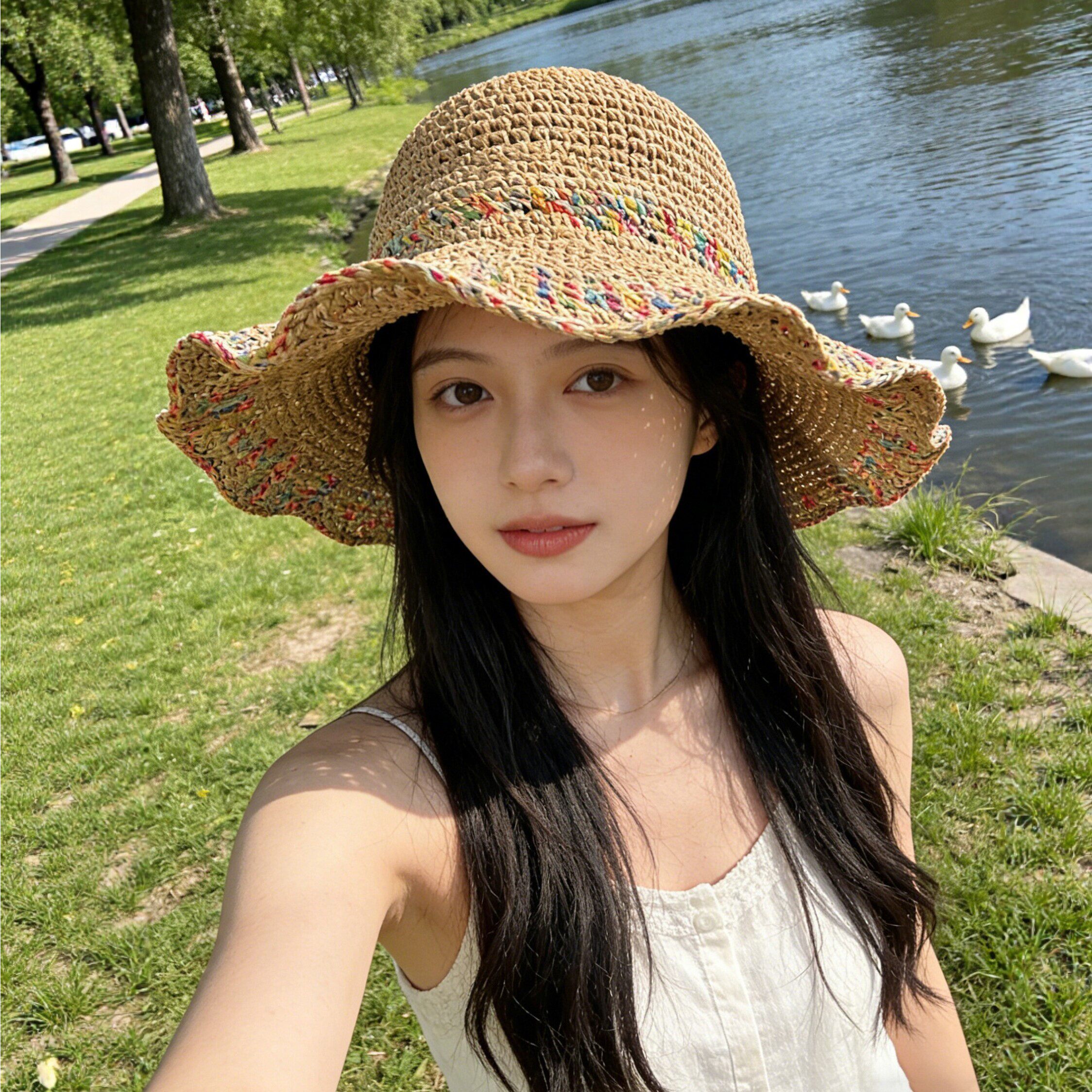 草编渔夫帽女夏季透气韩版显脸小水桶帽大帽檐遮阳防晒海边草帽子