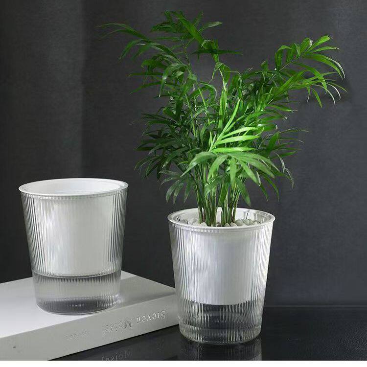 懒人自吸水土培花盆仿玻璃竖纹创意植物绿萝半透明水培加厚树脂盆