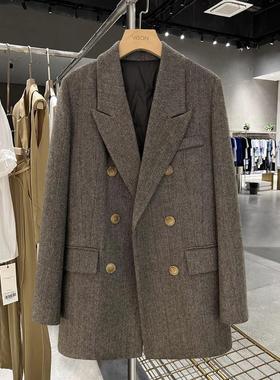 LILY MOST灰色人字纹毛呢英伦风内里羽绒小西装外套冬季保暖西服