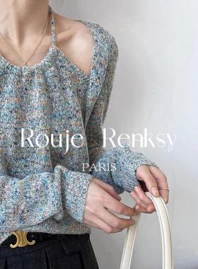 法国Rouje Renksy设计感假两件挂脖针织毛衣女秋冬小个子短款上衣