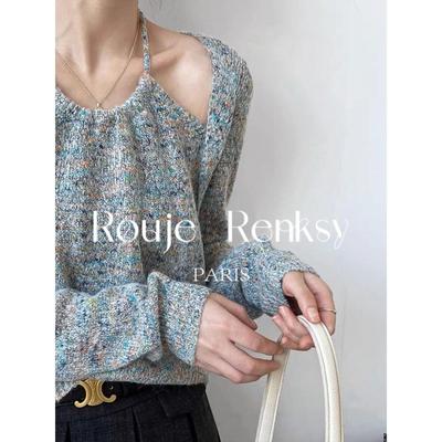 法国Rouje Renksy设计感假两件挂脖针织毛衣女秋冬小个子短款上衣