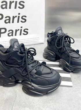 欧洲站牛皮老爹鞋女2025秋冬新款真皮加绒运动鞋增高厚底高帮女鞋