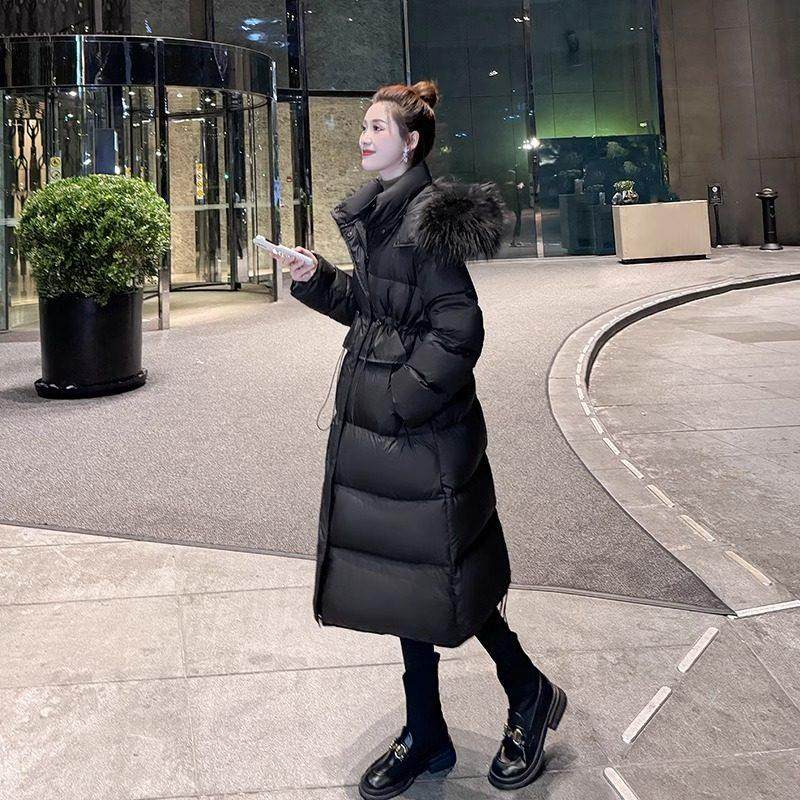 黑色狐狸大毛领鹅绒羽绒服女长款2025年冬季新款收腰加厚过膝外套
