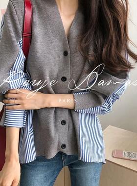 法国Rouje Damas秋冬v领宽松撞色毛衣女条纹衬衫拼接长袖针织开衫