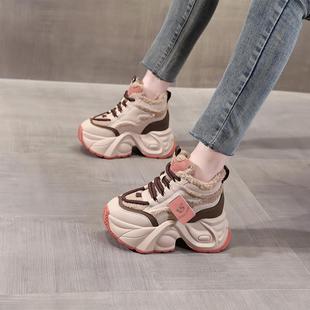 鞋 西瑞厚底内增高9CM老爹鞋 真皮羊羔毛显脚小休闲 新款 女2025冬季