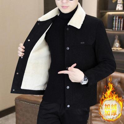 秋冬新款羊羔绒夹克男士韩版修身加绒加厚翻领短款灯芯绒毛呢大衣