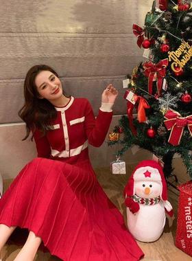欧洲站2025新款圣诞穿搭过年战袍中长款红色打底针织连衣裙女秋冬
