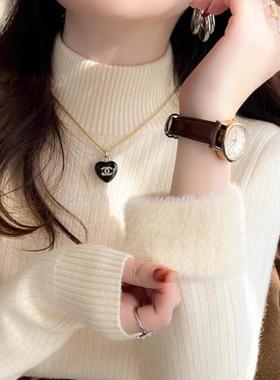 法国Rouje Dsyle半高领毛衣女秋冬加厚一体绒打底衫内搭针织上衣