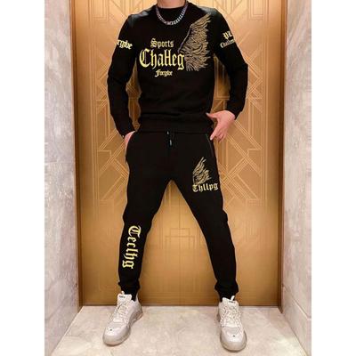 潮流潮牌秋冬款翅膀印花烫钻社会小伙休闲男士加绒卫衣套装两件套