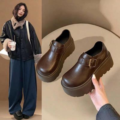 香港真皮全包勃肯鞋女款2025秋季新款厚底增高乐福鞋覆古棕色单鞋