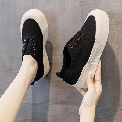 一脚蹬厚底帆布鞋女鞋2025夏季新款爆款百搭黑色乐福休闲 松糕鞋