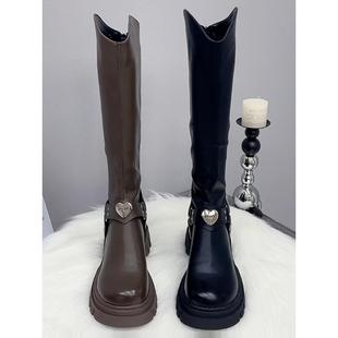 潮牌长筒靴女厚底超火增高粗跟靴子2025秋冬新款 骑士靴显瘦高筒靴