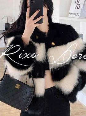 RIXO DORE法式冬季新款黑白撞色皮毛一体狐狸毛环保皮草外套时尚