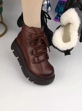 潮牌真皮羊毛雪地靴女新款冬季加绒加厚棉鞋皮毛一体厚底防滑棉靴