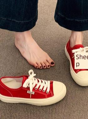 英国平底鞋红色帆布女鞋2025新的超级炎热的夏天薄透气软底运动和