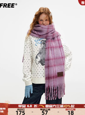 UNIFREE紫色复古格纹围巾女冬季含羊毛保暖加厚流苏氛围感大披肩