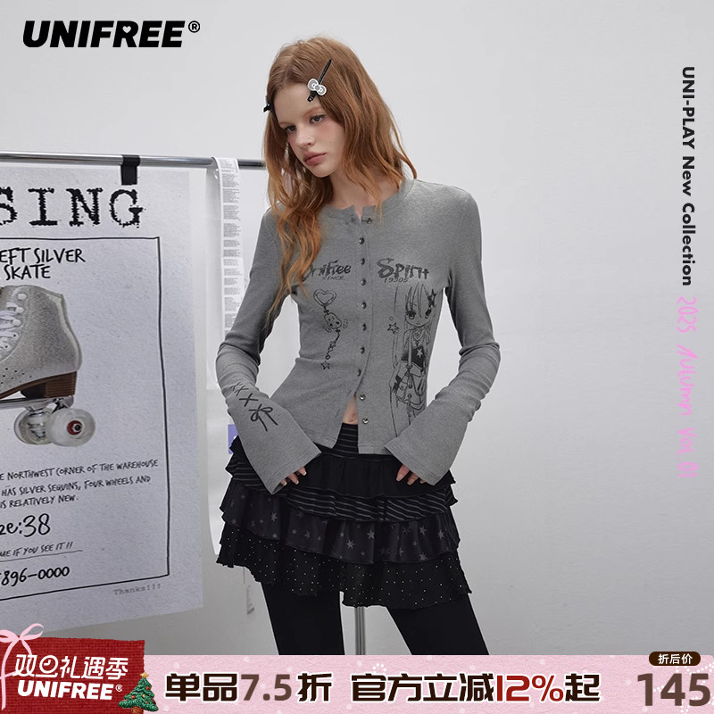 【插画师联名】UNIFREE喇叭袖针织衫25年秋收腰千禧辣妹开衫上衣