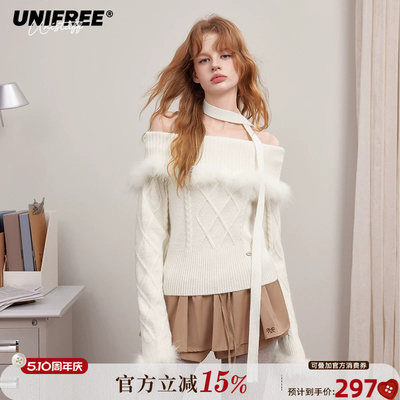 UNIFREE白色一字肩翻领针织衫