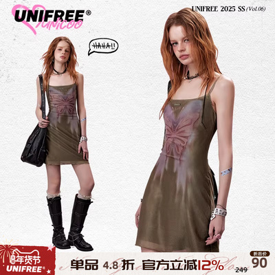 UNIFREE网纱A字吊带裙可露丽穿搭蝴蝶印花个性收腰显瘦包臀连衣裙