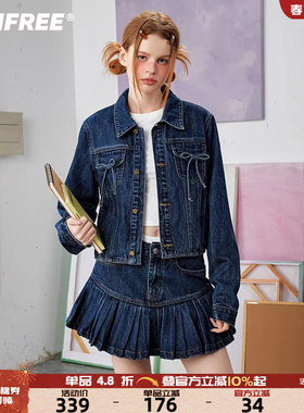 UNIFREE蓝色牛仔外套小个子时尚蝴蝶结美式复古宽松百搭短款上衣