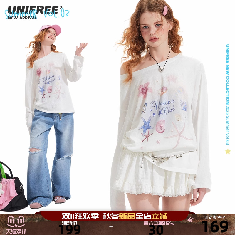 UNIFREE白色轻薄长袖T恤女夏季宽松可爱甜美纯欲风松弛感慵懒罩衫