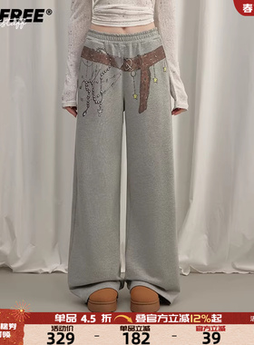 UNIFREE灰色美式休闲运动裤女手绘涂鸦链接印花直筒宽松阔腿卫裤