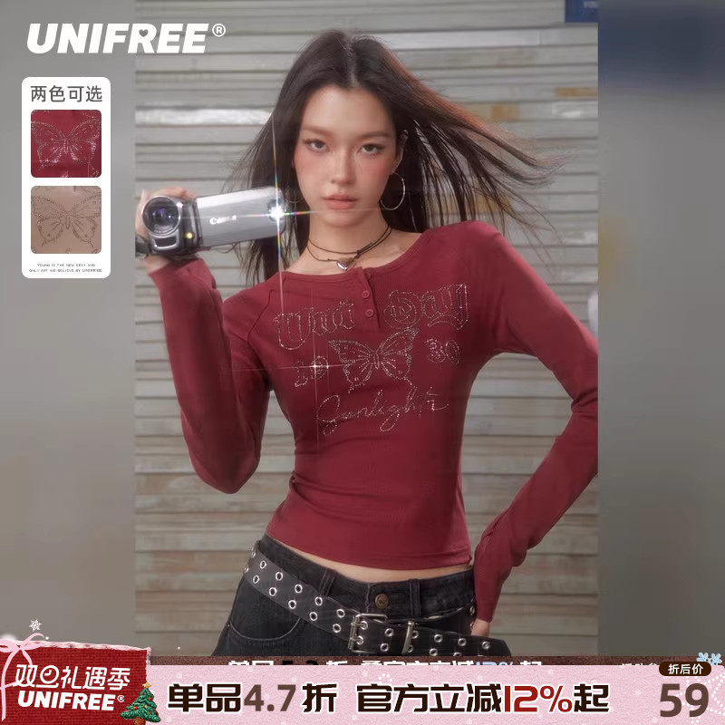 UNIFREE美式烫钻长袖T恤