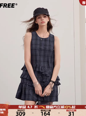 UNIFREE藏蓝色格纹连衣裙女日系少女不规则木耳荷叶花边拼接短裙