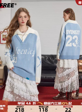 UNIFREE假两件翻领套头毛衣蓝色竖条纹学院风宽松字母提花针织衫