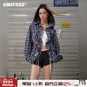 miu系抽绳褶皱设计感宽松慵懒风衬衫 UNIFREE蓝色格子长袖 衬衣韩版