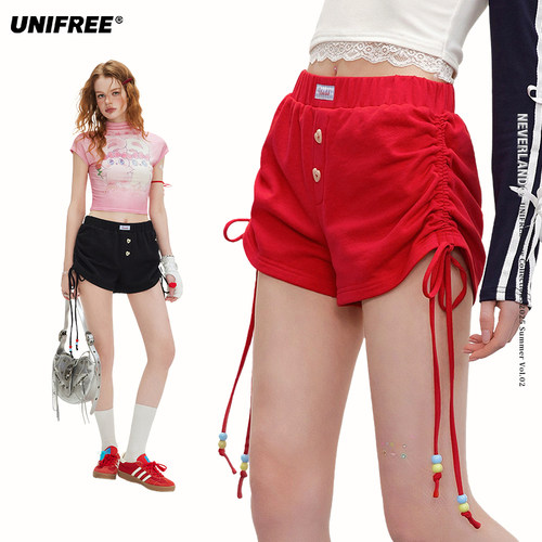UNIFREE安可拉红休闲短裤新款设计感抽绳褶皱甜辣风百搭包臀热裤