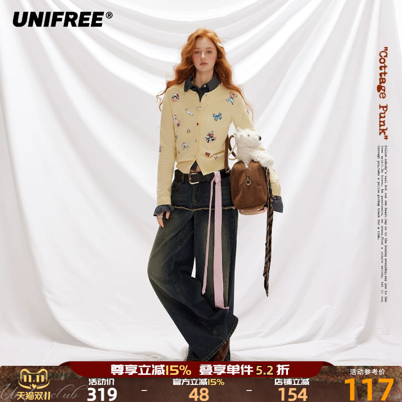 【插画师联名】UNIFREE毛针织衫女秋季新款动物印花显瘦长袖上衣