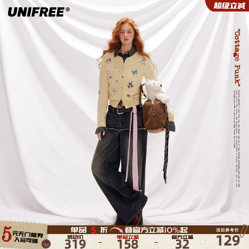 【插画师联名】UNIFREE毛针织衫女秋季新款动物印花显瘦长袖上衣