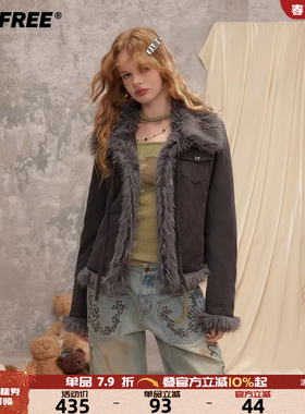 UNIFREE美式复古外套女25秋冬新款仿真毛机车设计感街头穿搭上衣