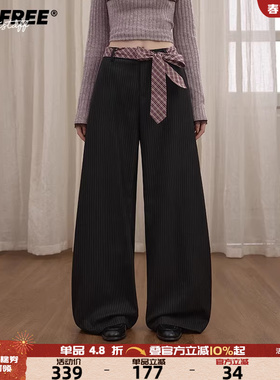 UNIFREE黑色宽松西装裤早秋新款阔腿格纹拼接垂感复古休闲弯刀裤