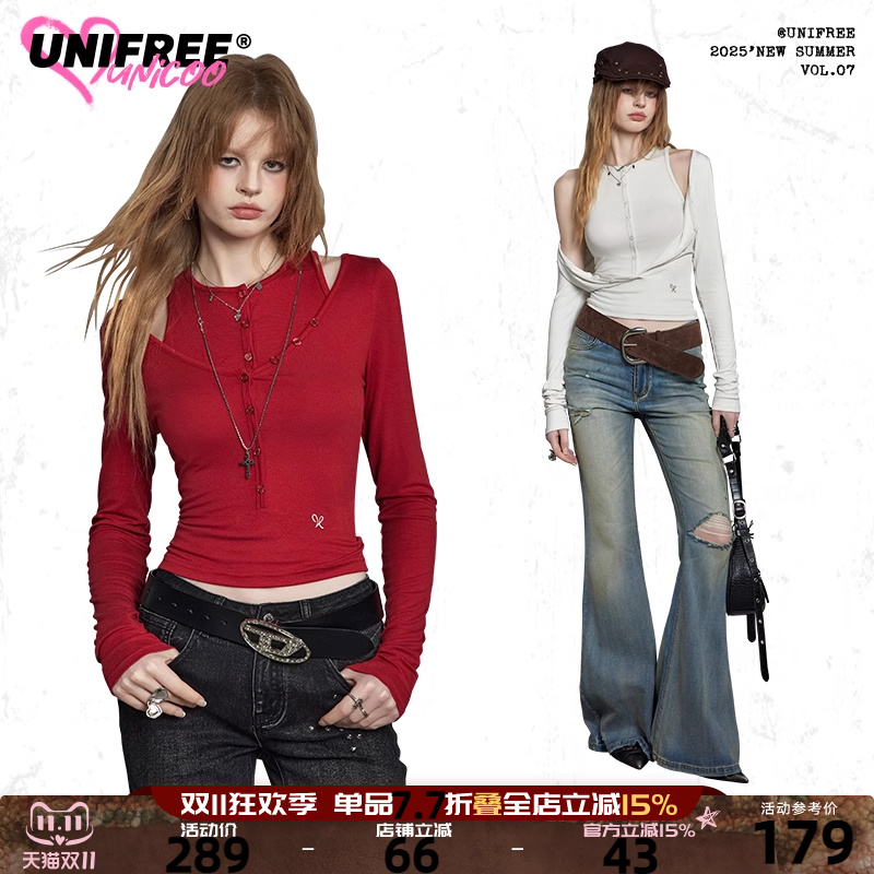 UNIFREE性感红色长袖T恤