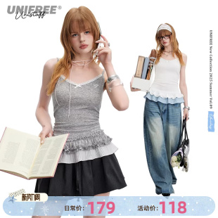 UNIFREE蕾丝拼接吊带背心女V领木耳边韩系甜美外穿上衣 25年夏