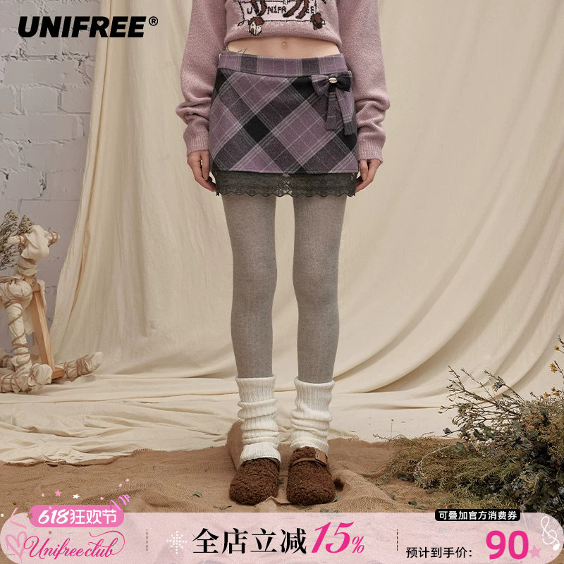 UNIFREE紫色格纹毛呢半身裙撞色蝴蝶结蕾丝边小个子显瘦包臀短裙