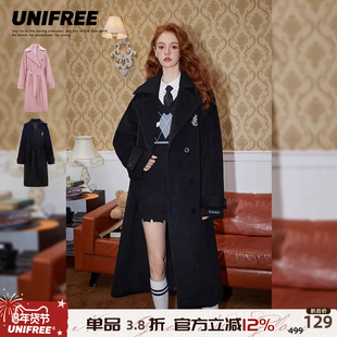 UNIFREE复古学院风毛呢大衣新款时尚双排扣宽松直筒保暖百搭外套